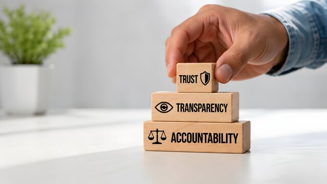 Corporate governance concept hand stacking wooden blocks with trust transparency accountability text and business ethics icons