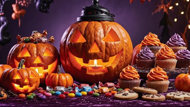 Halloween Pumpkin Display with Cupcakes and Candy, Spooky Festive Food Background