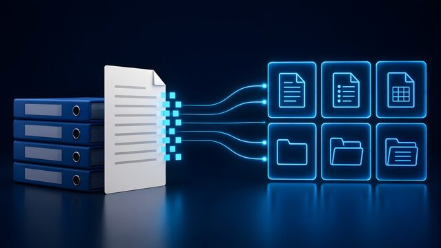 Digital document management system showing paper turning into electronic file folders representing data migration concept