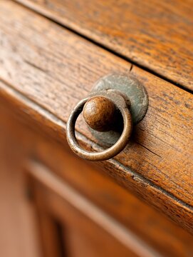 Close-up of an antique wooden drawer with a worn metal ring pull. The wood shows age and texture. Rustic charm and vintage detail