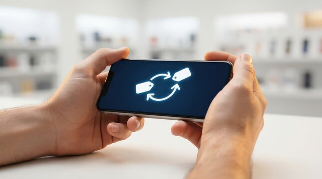 Hands holding phone with two price tags and exchange arrows