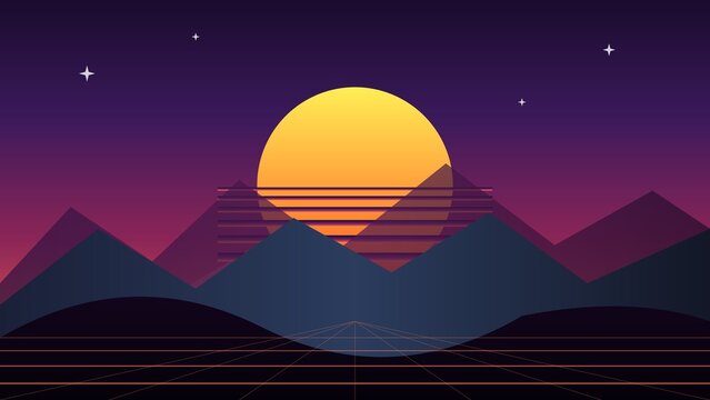 Retro Abstract Sunset Landscape with Geometric Sun and Mountains