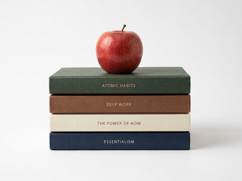 Stacked self-help books topped with a fresh red apple on a white background