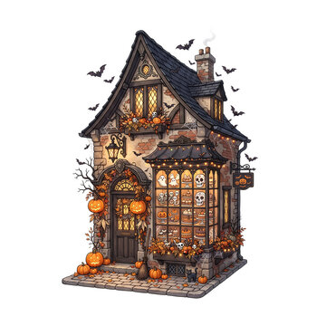 Spooky haunted house decorated for halloween with pumpkins transparent background