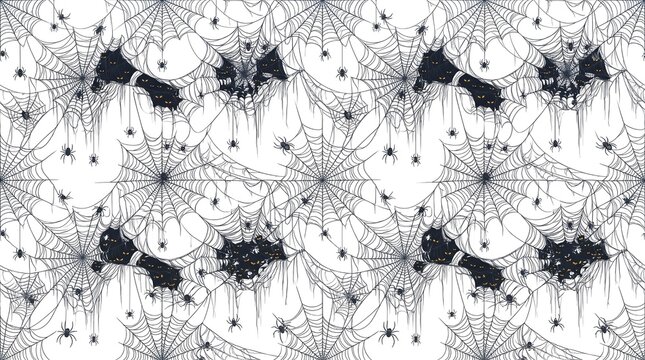 Spooky Halloween seamless pattern featuring dark spiders and intricate spiderwebs with black ink splatters on white background.