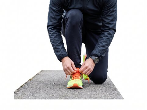 Person in dark athletic wear tying bright orange running shoe laces