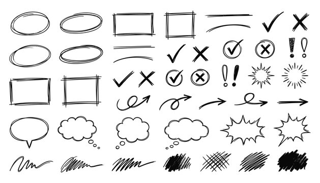 Hand drawn sketch elements set, including circles, rectangles, check marks, crosses, arrows, speech bubbles, exclamation marks, and scribbles