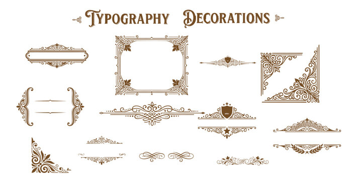 Set of vintage typographic decorations and ornate frames for elegant graphic design and classic stationery projects