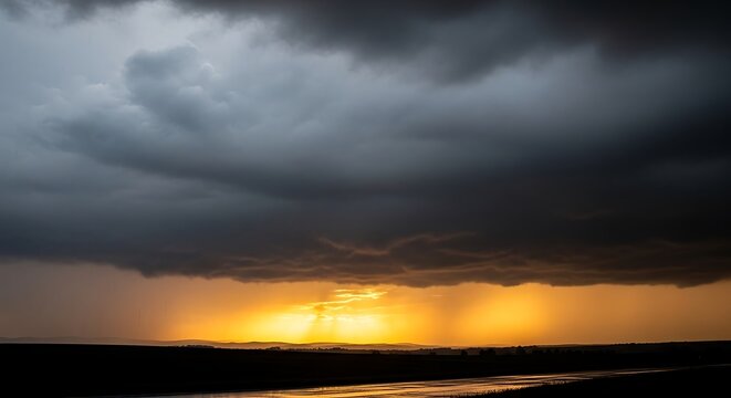 Dramatic storm clouds with golden rays of sunlight breaking through over a dark landscape, hinting at impending rain