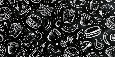 Naklejka premium Chalkboard-style illustration of fast food items including burgers, fries, tacos, pizza, and drinks, drawn in white chalk on black background with playful doodles and arrows.