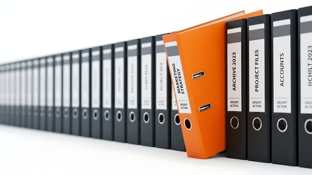Bright orange ring binder standing out among a long row of dark grey archive folders on an isolated surface