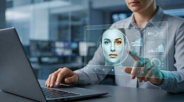 Biometric facial recognition technology, woman using AI face scanning interface on laptop, digital identity verification and cybersecurity concept