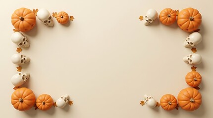 Obraz premium Autumn harvest border frame made of small orange and white pumpkins on a beige background