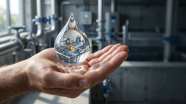 Crystal water drop in hand, clean water resource concept, industrial water treatment plant background, sustainability and ecology