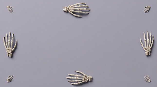 Top view of human skeleton hand bones arranged in a symmetrical pattern on a grey background
