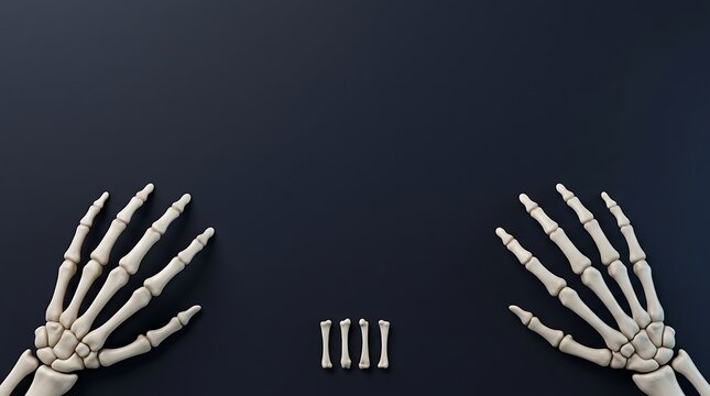 Human skeleton hands reaching from bottom corners on a dark black background for halloween design
