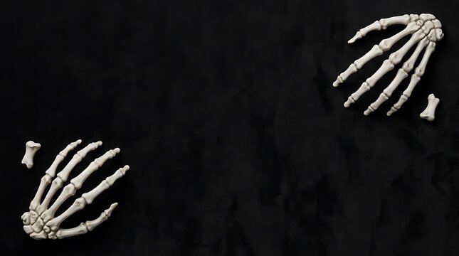 Two human skeleton hands reaching out from the darkness on a black background for halloween