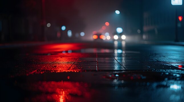 Night street scene with blurred car headlights and red taillights reflecting on wet asphalt.