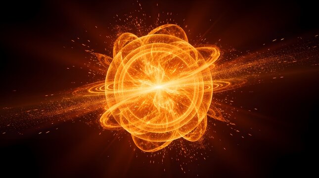 Abstract background featuring a glowing golden sphere with orbital rings and particles.