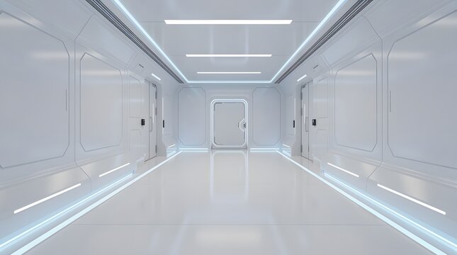 Futuristic white corridor with glowing lights and clean minimalist design.