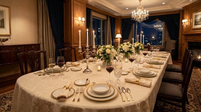 Hotel executive dining room table set with fine china for a formal dinner wide-angle food photography for hospitality, event and restaurant marketing