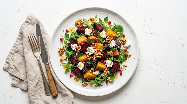Fresh beet salad with goat cheese walnuts and a citrus vinaigrette overhead flat lay food photography for restaurant menu and food marketing