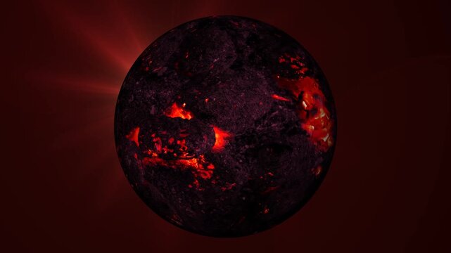 Molten lava planet rotating in deep space, glowing volcanic exoplanet surface animation.