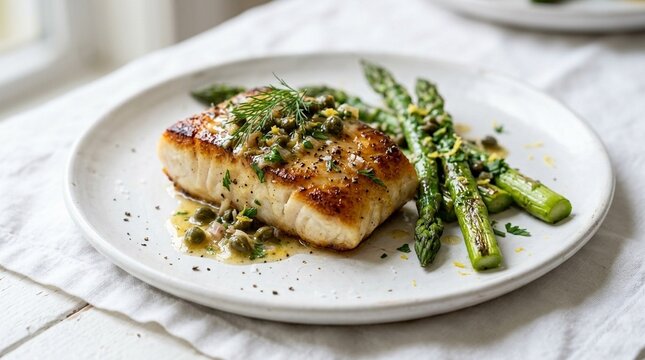 Plated pan-seared halibut with a lemon caper sauce and asparagus close-up food photography for restaurant menu and food marketing