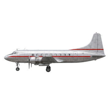 Vintage twin-propeller airliner side view isolated on transparent background