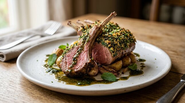 Plated rack of lamb with a herb crust and a mint jus close-up food photography for restaurant menu and food marketing