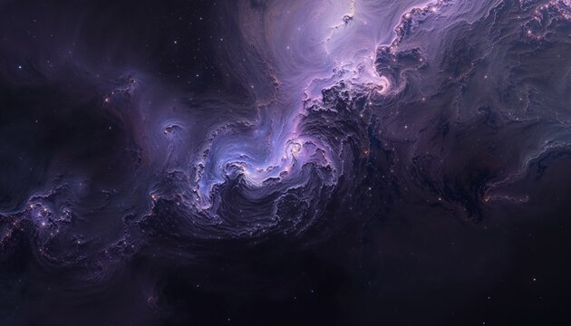 Mystical purple cosmic swirl abstract background, deep space nebula texture with glowing stars, ethereal galaxy art, dark universe wallpaper for digital design