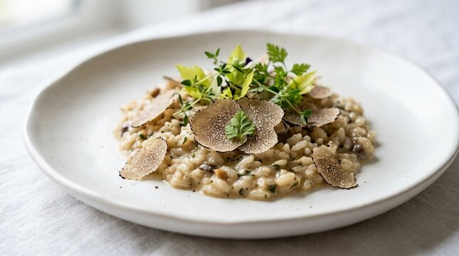 Elegant plated risotto with shaved truffle and a delicate herb garnish close-up macro food photography for restaurant menu and food marketing