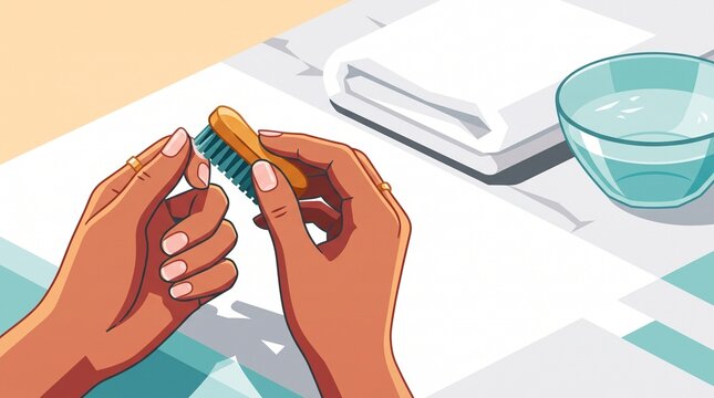 Woman cleaning nails with a brush at a spa-like setting  
