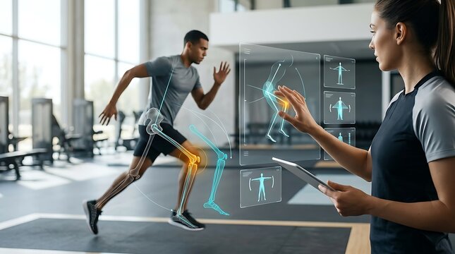 Futuristic sports science biomechanics analysis, athlete running with digital skeletal overlay, coach using holographic interface in gym