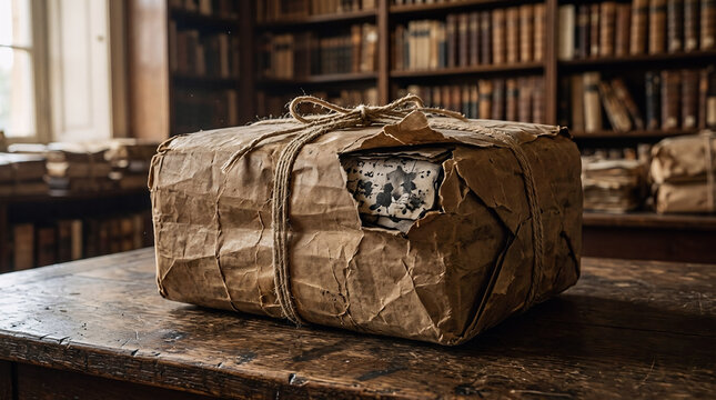 Wrapped antique parcel tied with string resting on a dark wooden table