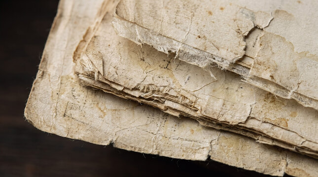Close up of weathered old paper documents stacked in archive storage