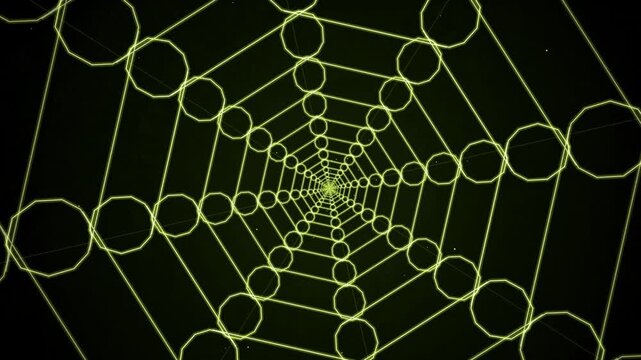 Futuristic neon green geometric tunnel with rotating octagons 4K video sci fi tunnel 4K video