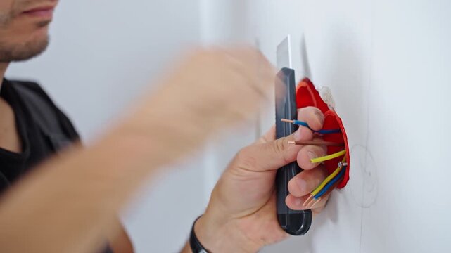 Electrician stripping wires for new wall outlet