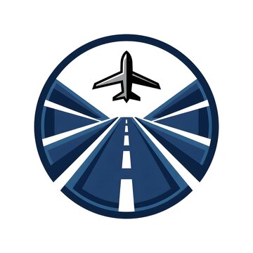 Airplane taking off from runway in a circular logo design.