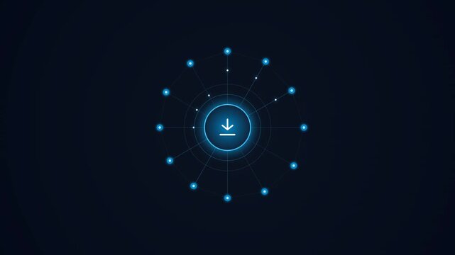 Glowing blue download symbol representing cloud computing and digital data transfer on a futuristic dark network background