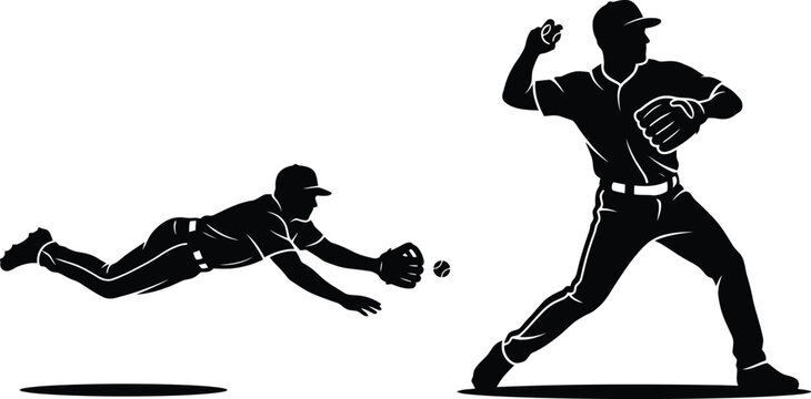 Baseball player diving catch throwing silhouette black vector illustration set