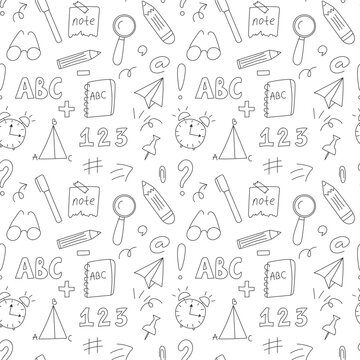 Seamless vector pattern with hand drawn school doodles. Minimal black outline style. Ideal for stationery, textile, wrapping paper, school supplies, educational material, kids product classroom design