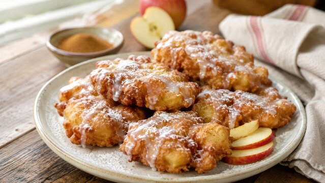 Plate of glazed apple fritters dusted with powdered sugar and cinnamon, served with apple slices on a rustic wooden table
