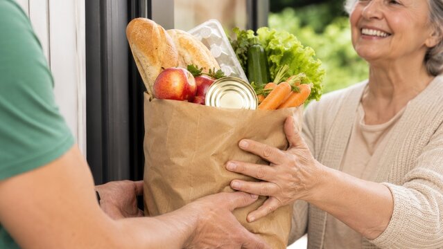 Smiling elderly woman receives a paper grocery bag with fresh produce and staples at her doorstep from a delivery person