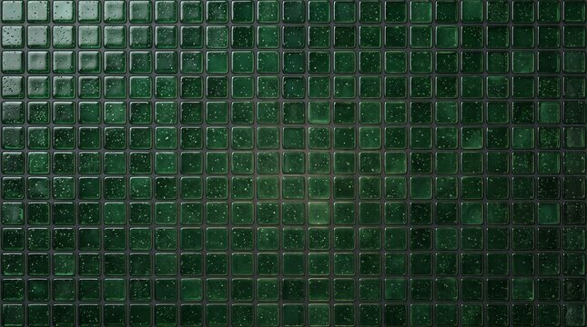 Dark green glossy glass mosaic tile pattern background for swimming pool, bathroom wall, and kitchen decor
