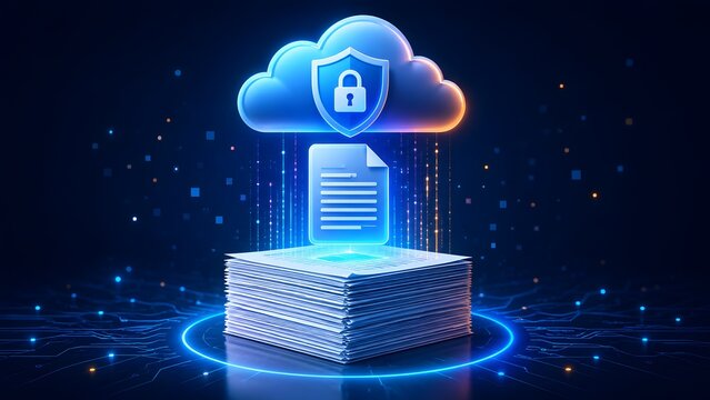 Glowing cloud with a shield and padlock hovering above a digital document and stack of papers. Concept of cyber security and safe data storage.