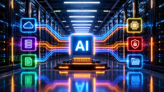 Glowing AI microchip connecting to digital icons in a server room. Concept of artificial intelligence processing and data security.