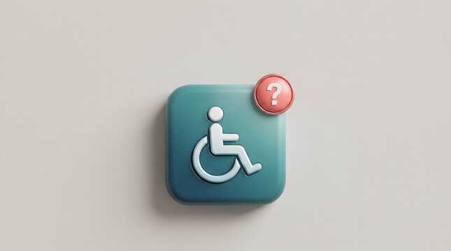 Teal wheelchair accessibility icon with red question mark badge, symbolizing disability access, inclusion, support services and accessibility inquiry concept