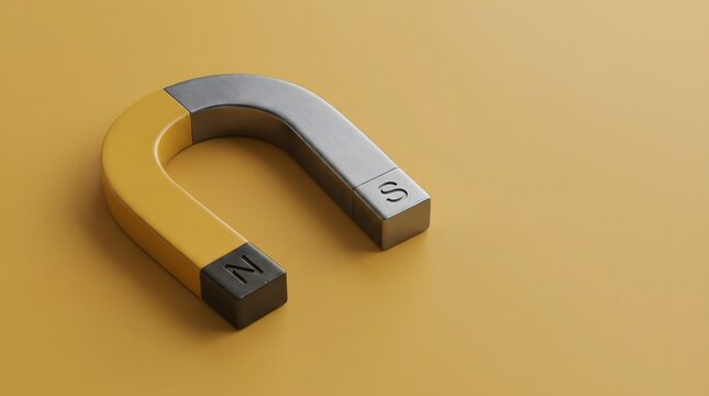 Yellow and silver horseshoe magnet with N and S poles on yellow background, symbolizing attraction, magnetism, physics and customer engagement business concept