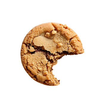 Golden chocolate chip cookie with bite mark, crunchy round biscuit on white background, sweet baked snack food